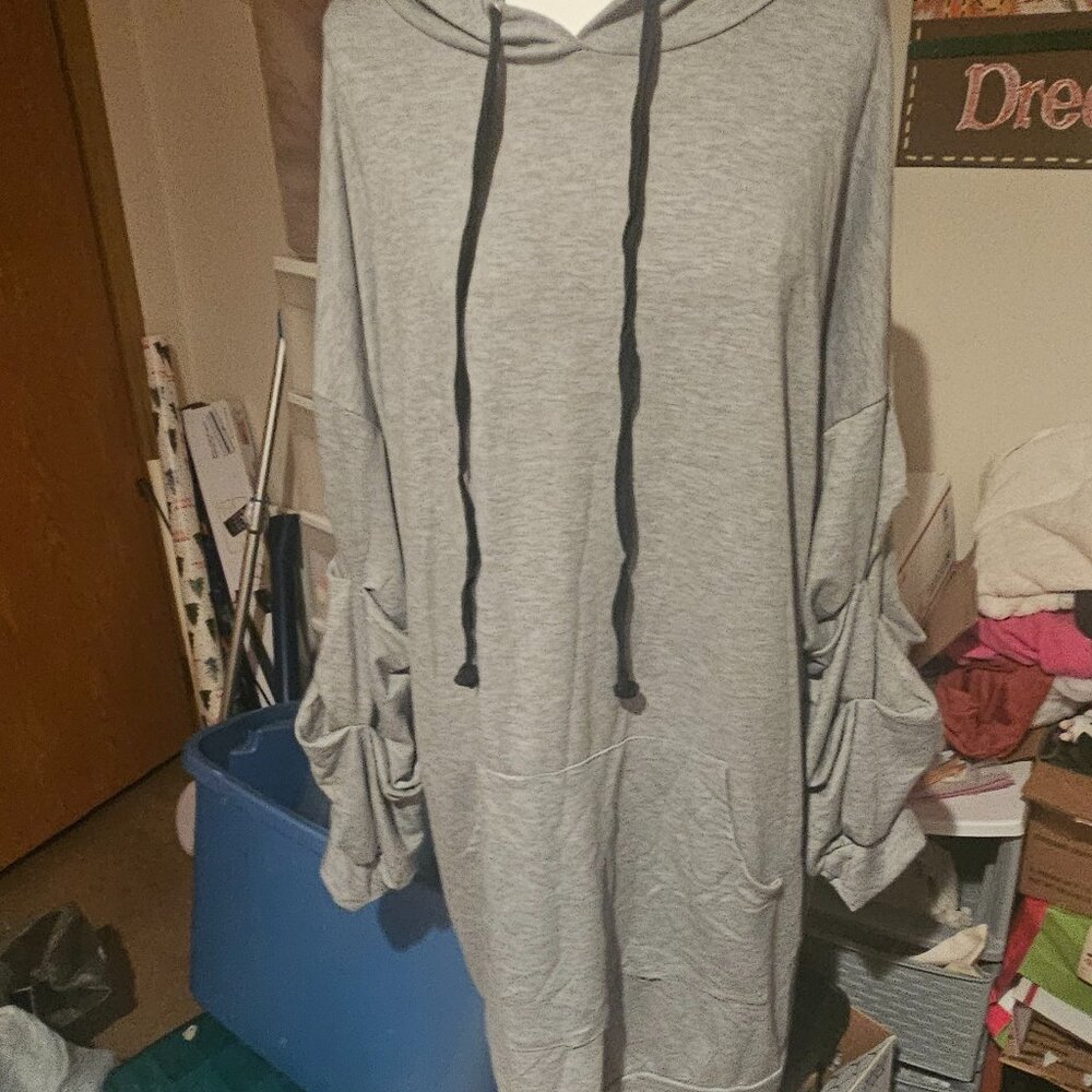 K+Glam Ruched Sleeve Hoodie Dress | Oversized Tunic | Heather Gray | Size L